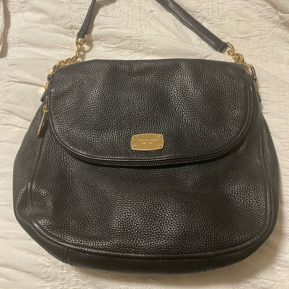 Michael Kors Bedford Pebbled Black Leather Shoulder Bag with Gold Accents